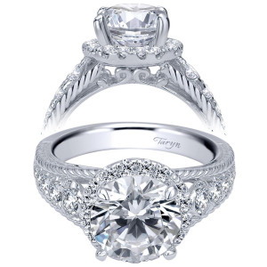 Taryn TE8983R6W44JJ 14 karat white gold engagement ring, front and side views of a round center haloed above marquise shaped pave clusters and roped edging