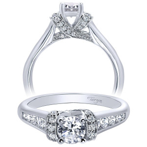 Taryn TE910078W44JJ 14 karat white gold engagement ring, angled and profile views of crossed pave ribbons wrapping the round center above graduated shoulder stones