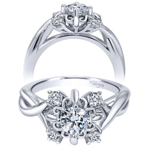 Taryn TE910088W44JJ 14 karat white gold engagement ring, angled and profile views of a round center amid polished scrollwork with four corner rounds