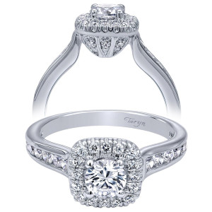 Taryn TE910136W44JJ 14 karat white gold engagement ring, angled and profile views of a cushion halo above channel set shoulder rows and a pave basket