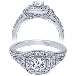 Taryn TE910137R0W44JJ 14 karat white gold engagement ring, angled and profile views of a double cushion halo over split pave rails with milgrain edging