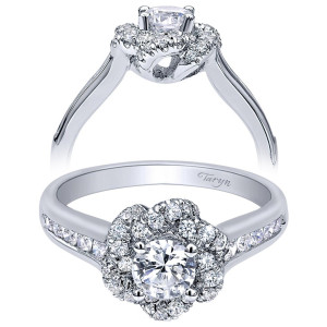 Taryn TE910138W44JJ 14 karat white gold engagement ring, angled and profile views of a scalloped floral halo of mixed sizes above channel set shoulders