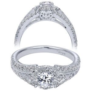 Taryn TE910140W44JJ 14 karat white gold engagement ring, angled and profile views of a round halo with wide triple row pave shoulders and openwork gallery