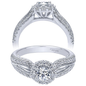 Taryn TE910150W44JJ 14 karat white gold engagement ring, angled and profile views of a round halo of larger stones above a milgrain edged split shank