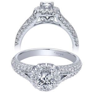 Taryn TE910151W44JJ 14 karat white gold engagement ring, angled and profile views of a halo of larger rounds over a filigree gallery and split pave shoulders