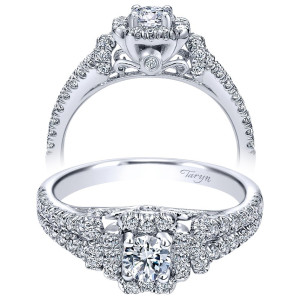 Taryn TE910161W44JJ 14 karat white gold engagement ring, angled and profile views of a squared halo above three row pave shoulders and a scrolled gallery