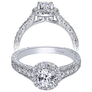 Taryn TE910167W44JJ 14 karat white gold engagement ring, two views of a round center in a single halo, engraved milgrain shank with scrolled open gallery