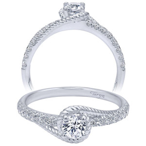 Taryn TE910168W44JJ 14 karat white gold engagement ring, two views of a round center wrapped in a twisted rope collar above a pave bypass shank