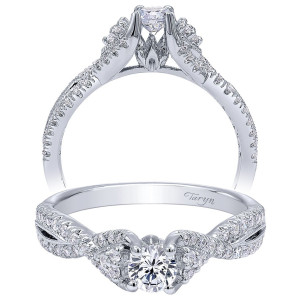 Taryn TE910175W44JJ 14 karat white gold engagement ring, two views of a round center hugged by pave scrolls on a braided crisscross pave shank