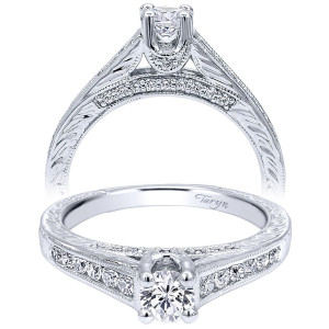 Taryn TE910176W44JJ 14 karat white gold engagement ring, two views of a round center above a recessed stone row with engraved milgrain shoulders