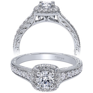 Taryn TE910217W44JJ 14 karat white gold engagement ring, two views of a round center in a cushion shaped halo with scrolled filigree gallery and engraved shoulders