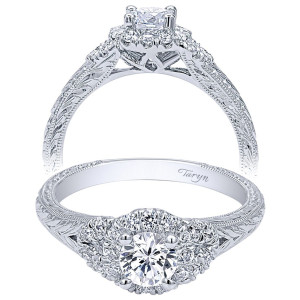 Taryn TE910218W44JJ 14 karat white gold engagement ring, two views of a round center inside a scalloped halo of larger rounds above engraved shoulders