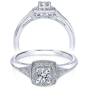 Taryn TE910223W44JJ 14 karat white gold engagement ring, two views of a round center in a squared milgrain halo with pave only on tapered shoulders