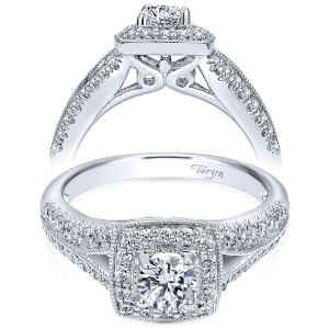 Taryn TE910462W44JJ 14 karat white gold engagement ring, two views of a round center in a squared milgrain halo, split pave shoulders, openwork gallery