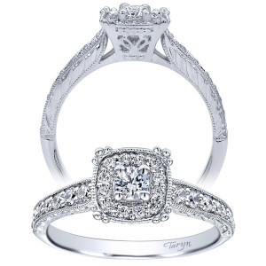 Taryn TE910766W44JJ 14 karat white gold engagement ring, two views of a round center in a cushion halo raised on a filigree collar over engraved shoulders