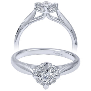 Taryn TE910769W44JJ 14 karat white gold engagement ring, two views of a round center gripped by wide flat prongs over a hidden accent cluster, smooth shank