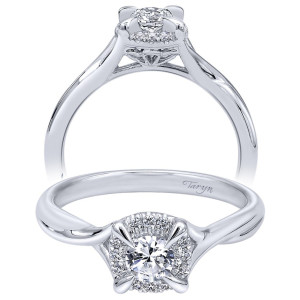 Taryn TE910770W44JJ 14 karat white gold engagement ring, two views of a round center above a fanned accent cluster where smooth twisted arms cross