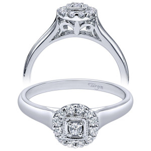 Taryn TE910772W44JJ 14 karat white gold engagement ring, two views of a small center in a squared milgrain collar inside a round halo, smooth shank