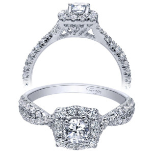 Taryn TE910937W44JJ 14 karat white gold engagement ring, two views of a round center in a squared halo above a crossing double row pave shank