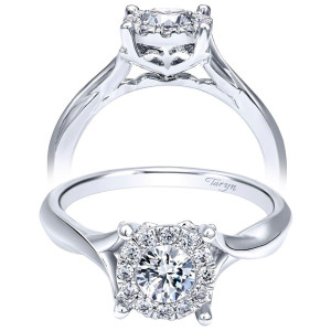 Taryn TE910942W44JJ 14 karat white gold engagement ring, two views of a round center in a squared halo with corner prongs on a curving smooth shank