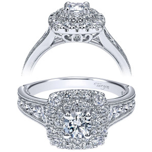 Taryn TE911714R0W44JJ 14 karat white gold engagement ring, front and side views of a round center in a squared cluster halo with milgrain edged graduated shoulders