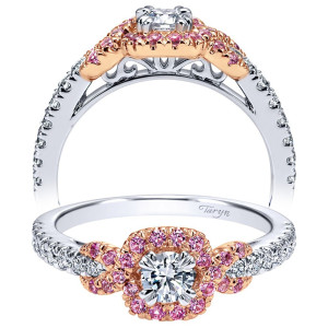 Taryn TE911733R1T44PS 14 karat white and rose gold engagement ring, front and side views of a round center in a pink stone halo above a crossover pave shank