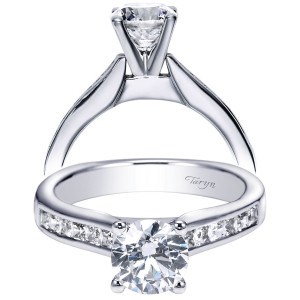 Taryn TE93965W44JJ 14 karat white gold engagement ring, front and profile views of a round center in four prongs above channel set squared shoulder stones