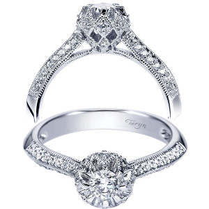 Taryn TE94027W44JJ 14 karat white gold engagement ring, front and profile views of a round center capped by a pave crown above milgrain edged shoulders