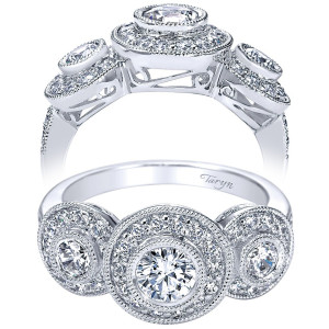 Taryn TE94092W44JJ 14 karat white gold engagement ring, front and profile views of a bezel set center in a milgrain halo between two smaller haloed rounds