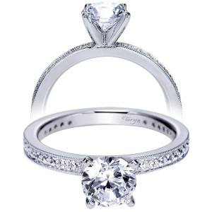 Taryn TE94121W44JJ 14 karat white gold engagement ring, front and profile views of a round center above a bead set shank with milgrain edged rails