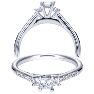 Taryn TE94274W44JJ 14 karat white gold engagement ring, front and profile views of a princess center flanked by small princess sides above short pave shoulders