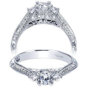 Taryn TE95411W44JJ 14 karat white gold engagement ring, front and profile views of a round center between two rounds above milgrain edged pave and engraved shoulders