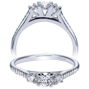 Taryn TE95412W44JJ 14 karat white gold engagement ring, front and profile views of a round center in a tall many pronged crown with two flanking rounds