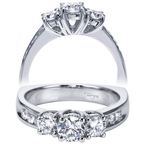 Taryn TE95418W44JJ 14 karat white gold engagement ring, front and profile views of a round center with two prong set rounds and channel set tapered shoulders