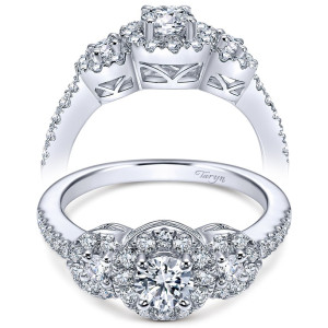 Taryn TE95992W44JJ 14 karat white gold engagement ring, front and profile views of a haloed round center between haloed side clusters over pierced gallery windows