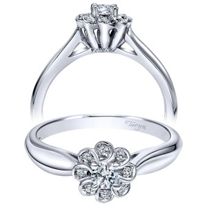 Taryn TE98421W44JJ 14 karat white gold engagement ring, angled view of a small round center ringed by petal shaped cups holding tiny stones