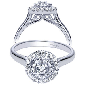 Taryn TE98428W44JJ 14 karat white gold engagement ring, angled view of a small round center in a double halo above plain tapered shoulders