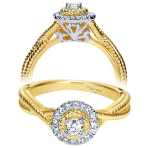 Taryn TE98441Y44JJ 14 karat yellow gold engagement ring, angled view of a rope wrapped collar around the center with a pave halo and twisted rails