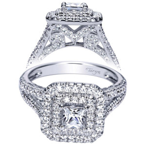 Taryn TE98516W44JJ 14 karat white gold engagement ring, front view of a princess center in a double square halo above split pave arms