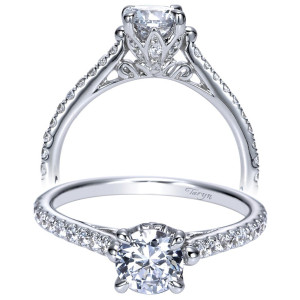 Taryn TE98529W44JJ 14 karat white gold engagement ring, front view of a prong set round center raised on a petal crown with pave shoulders