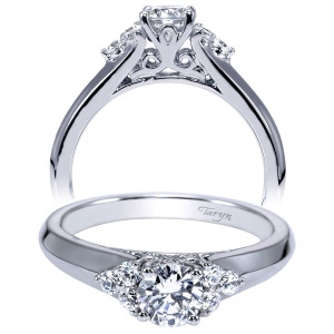 Taryn TE98543W44JJ 14 karat white gold engagement ring, front view of a round center with two round accents each side on a polished shank