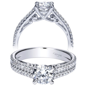 Taryn TE98560W44JJ 14 karat white gold engagement ring, front view of a round center above two parallel pave rows split by a groove