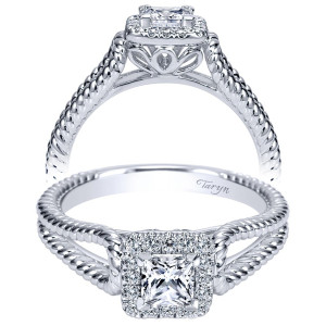 Taryn TE98562W44JJ 14 karat white gold engagement ring, front view of a princess center in a square halo above twisted rope rails