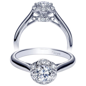 Taryn TE98585W44JJ 14 karat white gold engagement ring, front view of a round center in a scalloped petal halo above a plain split shank