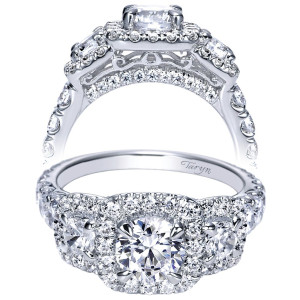 Taryn TE98618W44JJ 14 karat white gold engagement ring, front and profile views of a round center between two haloed side stones on a shared prong shank
