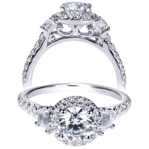 Taryn TE98622W44JJ 14 karat white gold engagement ring, front and profile views of a round center in a halo between two step cut side stones