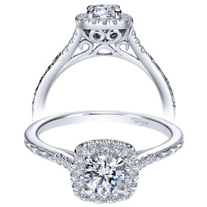 Taryn TE98635W44JJ 14 karat white gold engagement ring, front and profile views of a round center in a squared halo on a slender pave shank