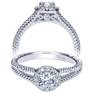 Taryn TE98653W44JJ 14 karat white gold engagement ring, front and side views of a haloed round center above a scroll gallery with a rope textured shank