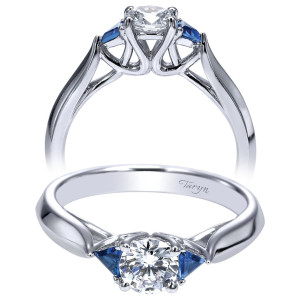 Taryn TE98685W44SA 14 karat white gold engagement ring, front and profile views of a round center flanked by blue triangular stones on a plain tapered shank