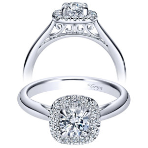 Taryn TE98706W44JJ 14 karat white gold engagement ring, front and profile views of a round center in a cushion shaped halo above a scrolled filigree gallery